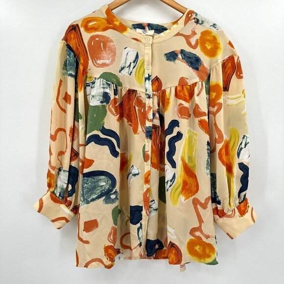 Entro Tan Floral Balloon Long Sleeve Button Front Relaxed Boho XL Blouse NWT - Picture 3 of 10